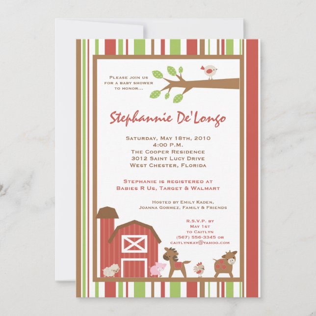 5x7 Farm RedBarn Invitation Baby shower animal de  (Devant)
