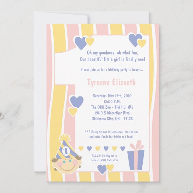 5x7 Fille 1 an Anniversaire Invitation (Devant)