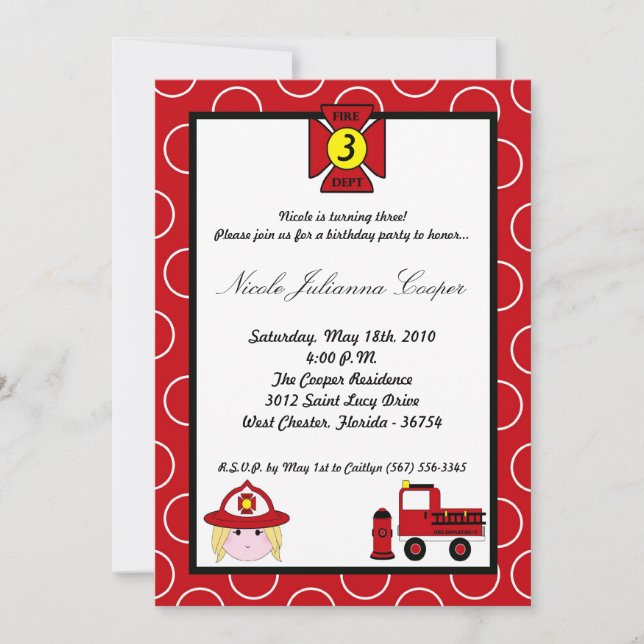 5x7 Firewoman Firetruck Invitation de fête d'anniv (Devant)