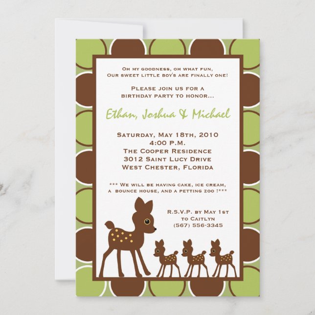 5x7 Forrest TRIPLET Baby Birthday Part Invitation (Devant)