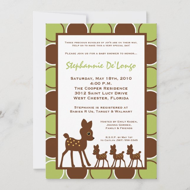 5x7 Forrest TRIPLETS Deer Baby shower Invitation (Devant)