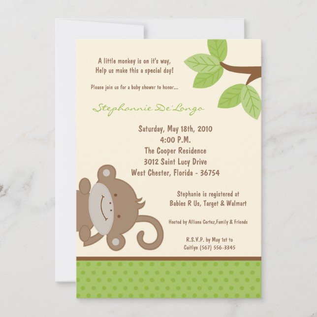 5x7 Funky Monkey Jungle Zoo Invitation Baby shower (Devant)