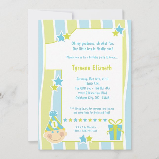 5x7 Garçon Un 1 an Anniversaire Fête Invitation (Devant)