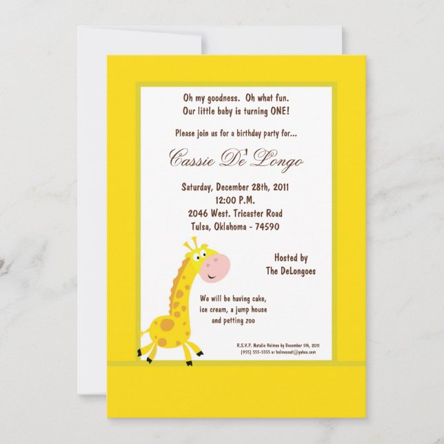 5x7 Giraffe Jaune Invitation de fête d'anniversair (Devant)
