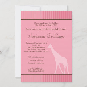 5x7 Giraffe rayée rose Invitation de fête d'annive