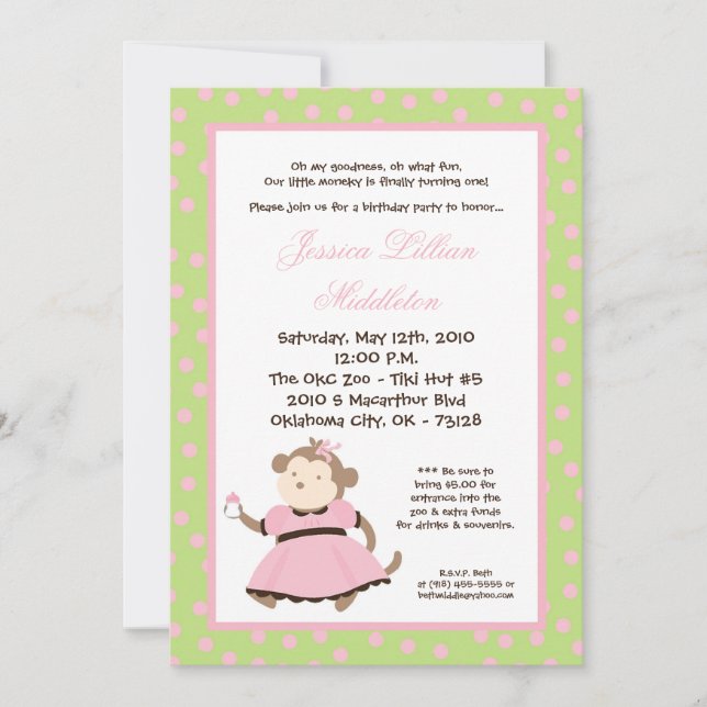 5x7 Girl Monkey Bottle Invitation à la fête d'anni (Devant)