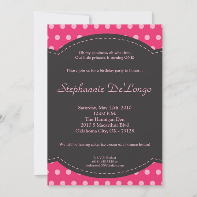 5x7 Girl Pink Polkadot Poke Invitation d'anniversa (Devant)