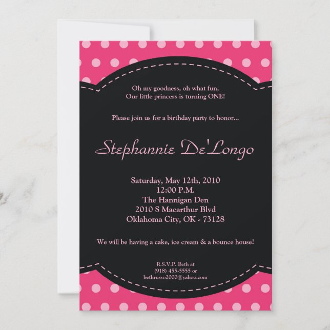 5x7 Girl Pink Polkadot Poke Invitation d'anniversa (Devant)