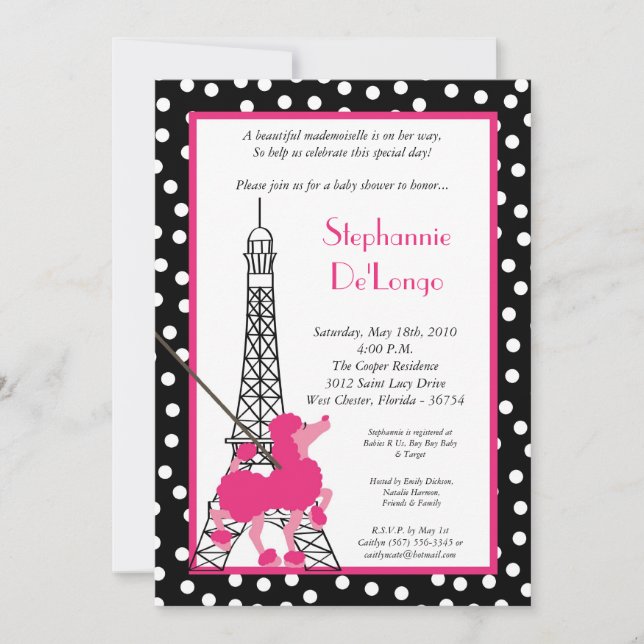 5x7 Girl Pink Poodle Paris Baby shower Invitation (Devant)