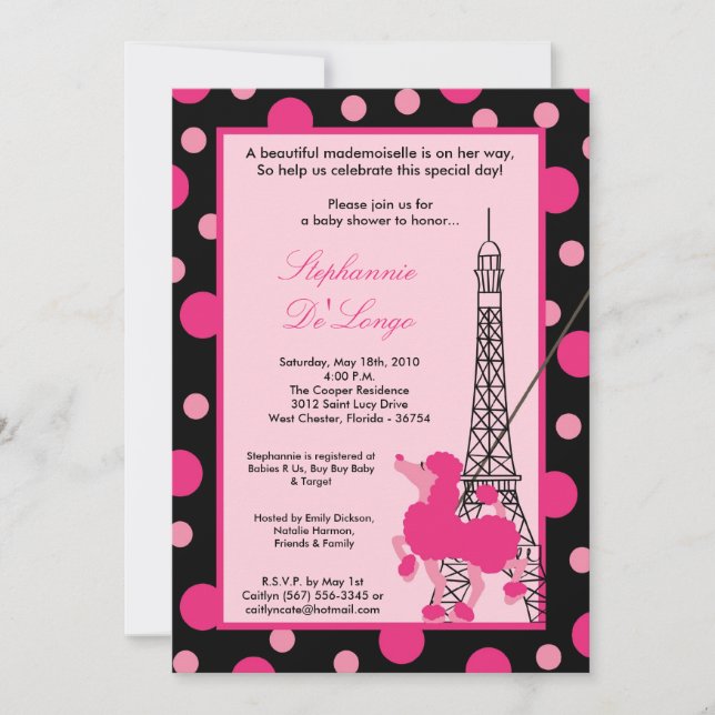 5x7 Girl Pink Poodle Paris Baby shower Invitation (Devant)