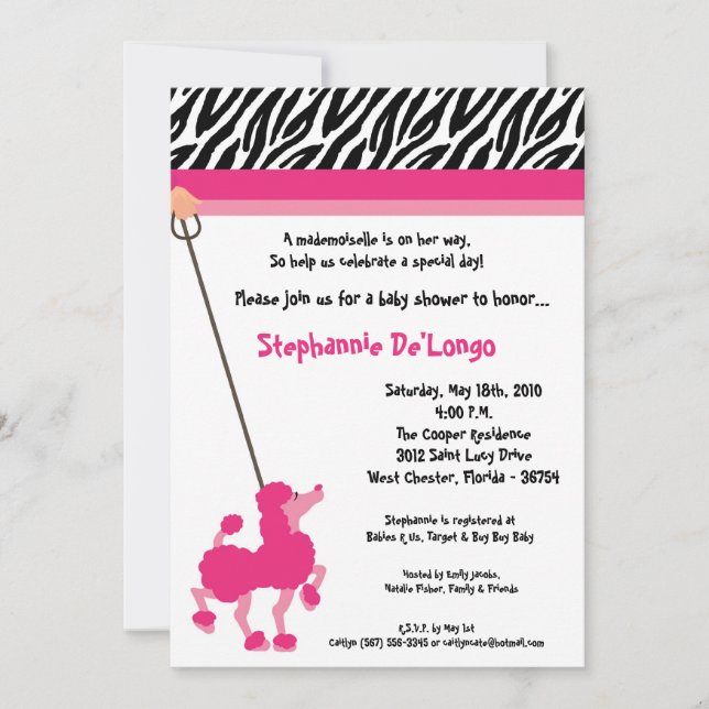 5x7 Girl Pink Poodle Paris Baby shower Invitation (Devant)