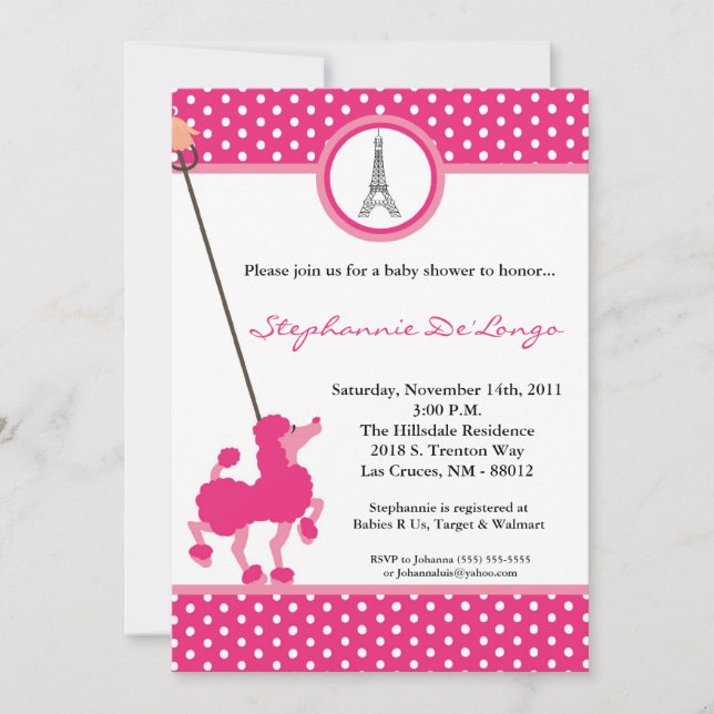 5x7 Girl Pink Poodle Paris Baby shower Invitation (Devant)