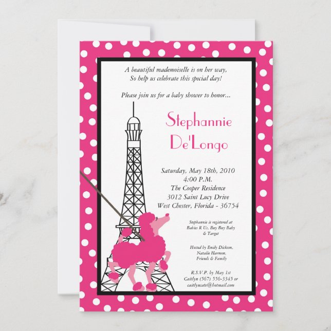 5x7 Girl Pink Poodle Paris Baby shower Invitation (Devant)