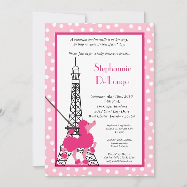 5x7 Girl Pink Poodle Paris Baby shower Invitation (Devant)