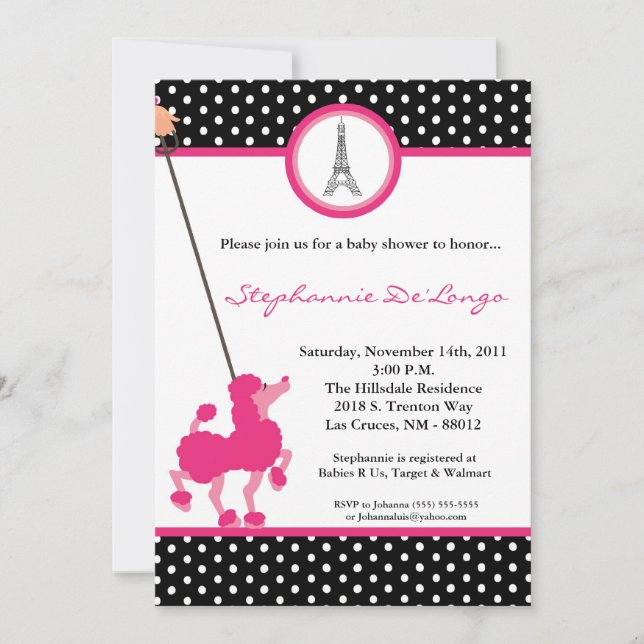 5x7 Girl Pink Poodle Paris Baby shower Invitation (Devant)