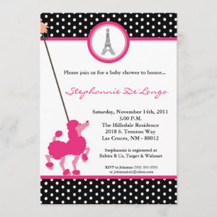 5x7 Girl Pink Poodle Paris Baby shower Invitation