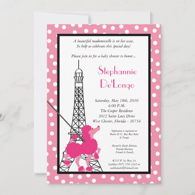 5x7 Girl Pink Poodle Paris Baby shower Invitation (Devant)