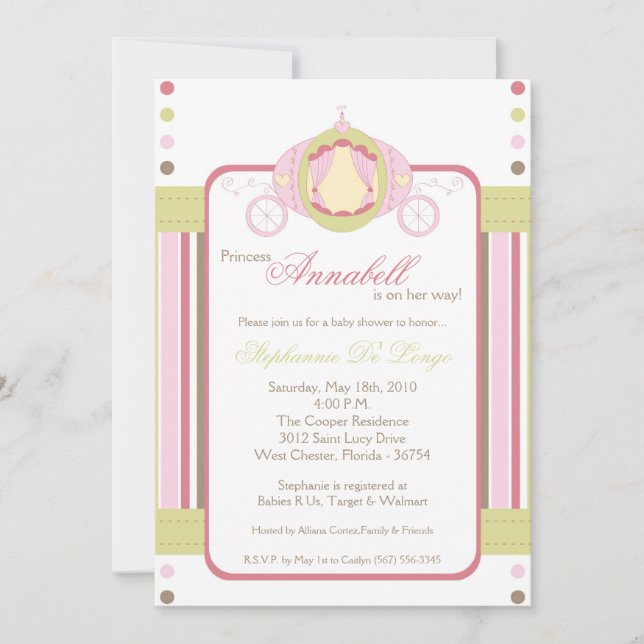 5x7 Girl Princess Carriage Baby shower Invitation (Devant)