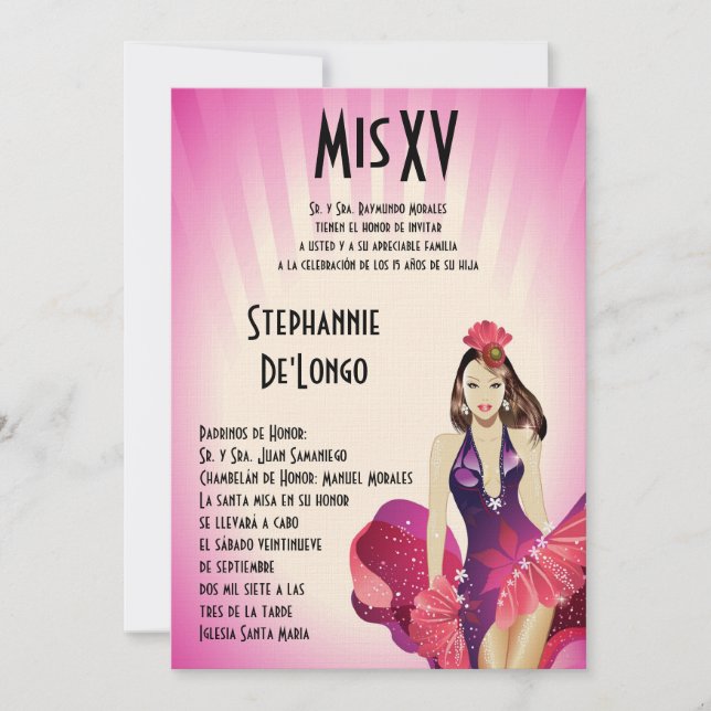 5x7 Glamor Girl Quinceanera Invitation Anniversair (Devant)