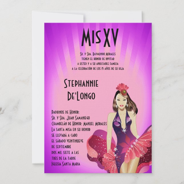 5x7 Glamor Girl Quinceanera Invitation Anniversair (Devant)