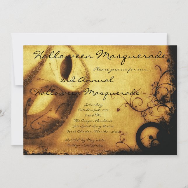 5x7 Gold Masquerade Halloween Costume Invitation (Devant)