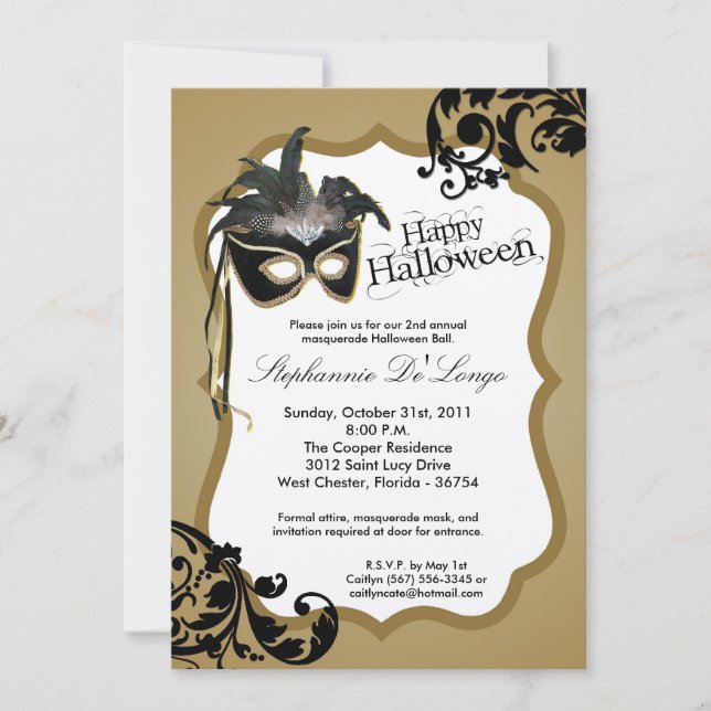 5x7 Gold Masquerade Masque Halloween Invitation (Devant)
