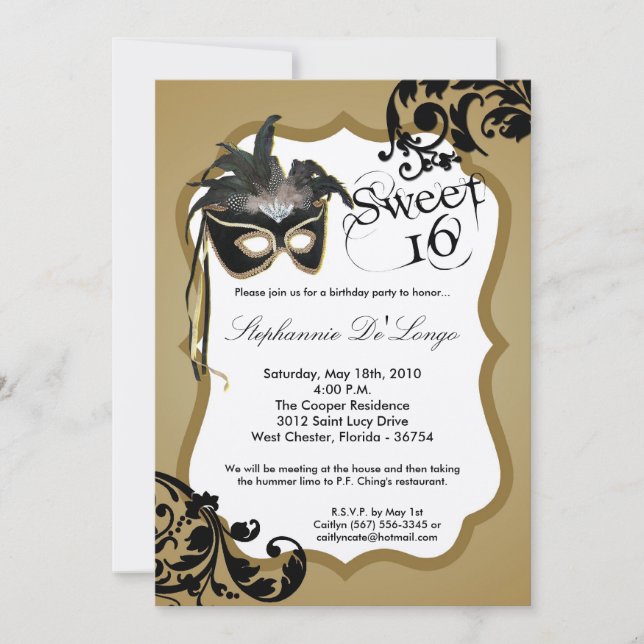 5x7 Gold Masquerade Masque Masque 16 Invitation An (Devant)