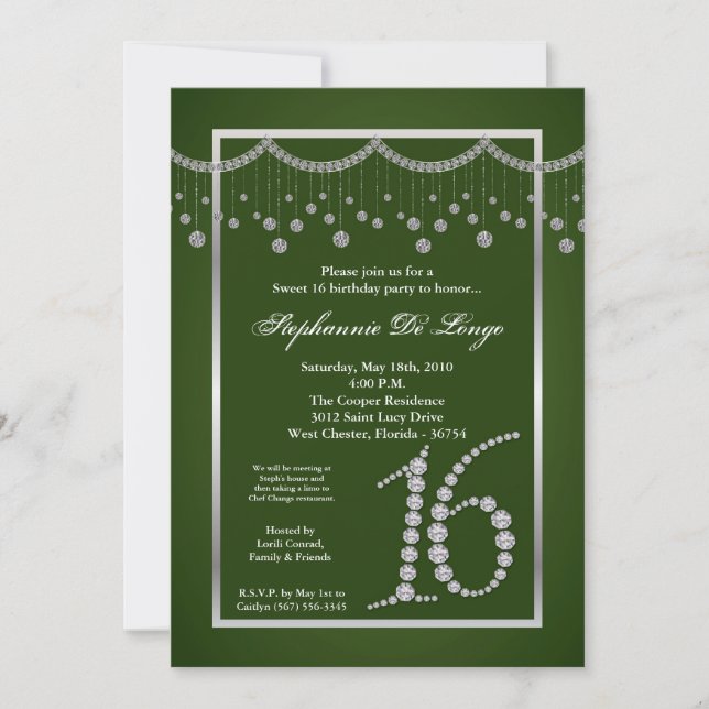 5x7 Green Diamond Sweet 16 Anniversaire Invitation (Devant)
