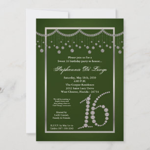 5x7 Green Diamond Sweet 16 Anniversaire Invitation