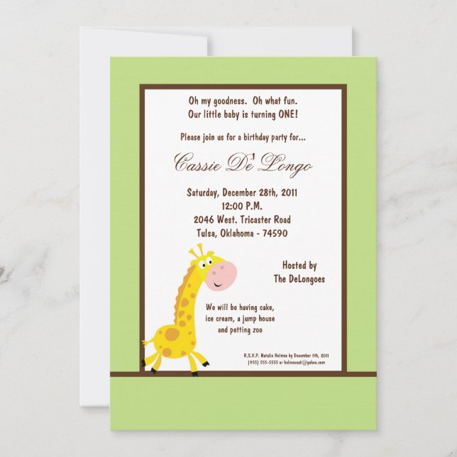 5x7 Green Giraffe Invitation de fête d'anniversair (Devant)