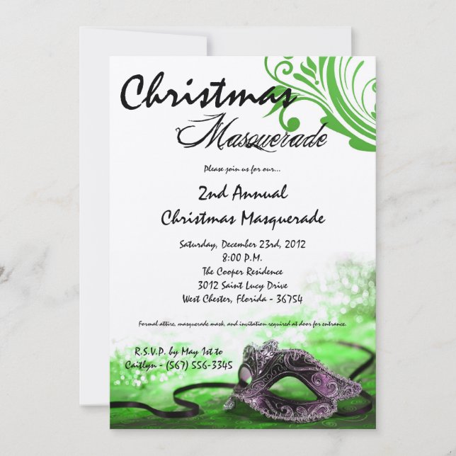 5x7 Green Masquerade Noël XMAS Invitation (Devant)