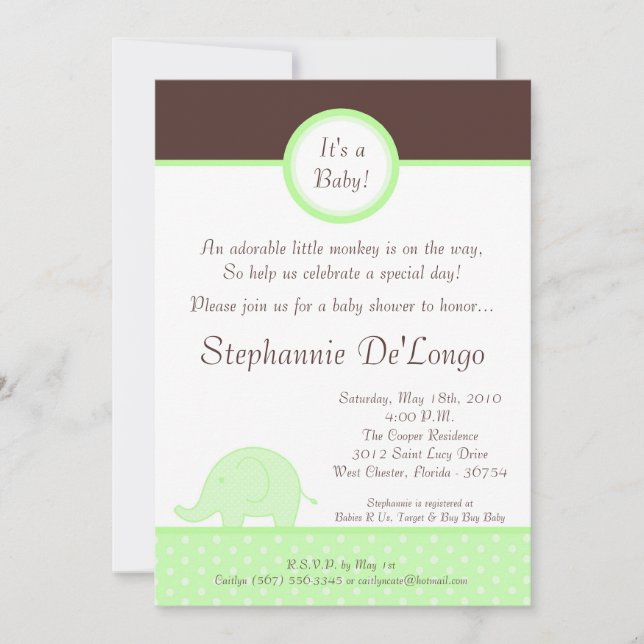 5x7 Green Neut Mod Elephant Baby shower Invitation (Devant)