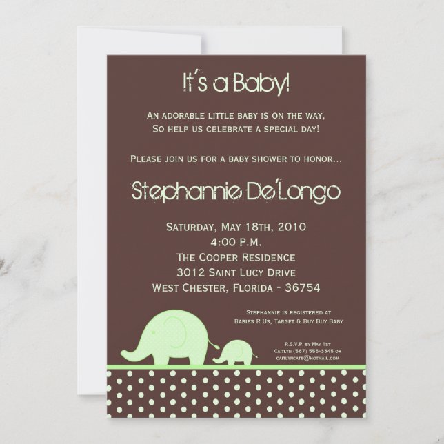 5x7 Green Neut Mod Elephant Invitation Baby shower (Devant)