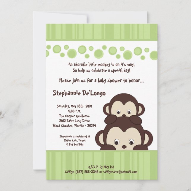 5x7 Green Pop Monkey Neutra Baby shower Invitation (Devant)