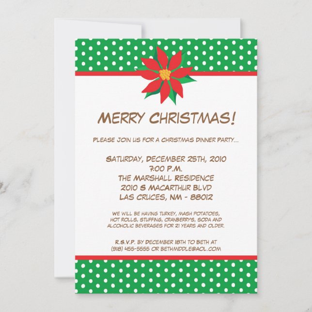 5x7 Green Red Poinsetti Noël Invitation (Devant)
