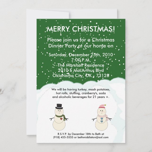 5x7 Green Snowman Snow Christmas Party Invitation (Devant)