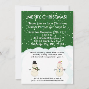 5x7 Green Snowman Snow Christmas Party Invitation