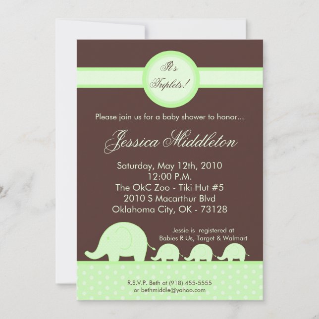 5x7 Green Triplets Invitation Baby shower d'élépha (Devant)