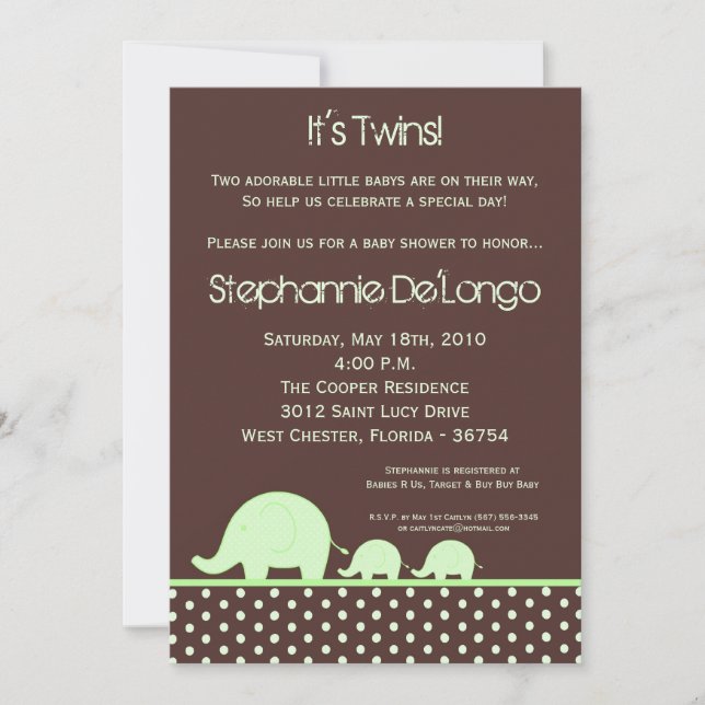 5x7 Green Twin Mod Baby shower éléphant Invitation (Devant)