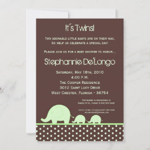 5x7 Green Twin Mod Baby shower éléphant Invitation