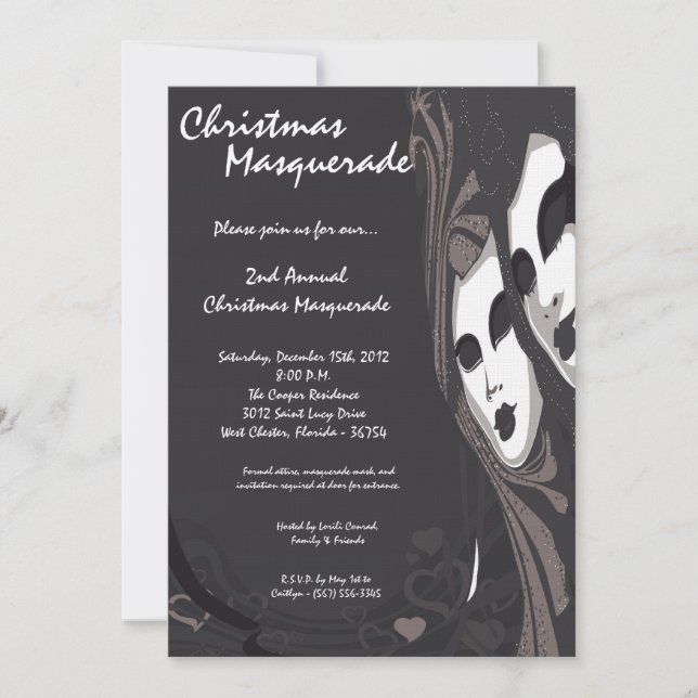 5x7 Gris Argent Masquerade Noël Invitation (Devant)