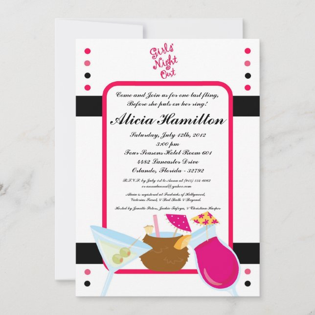 5x7 Hot Pink Cocktails Bachelorette Invitation (Devant)