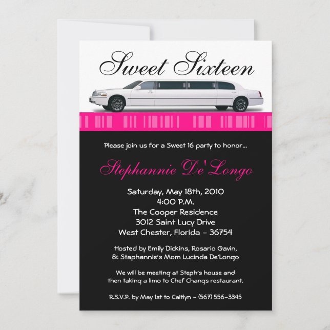 5x7 Hot Pink Limo Sweet 16 Anniversaire Invitation (Devant)