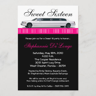 5x7 Hot Pink Limo Sweet 16 Anniversaire Invitation