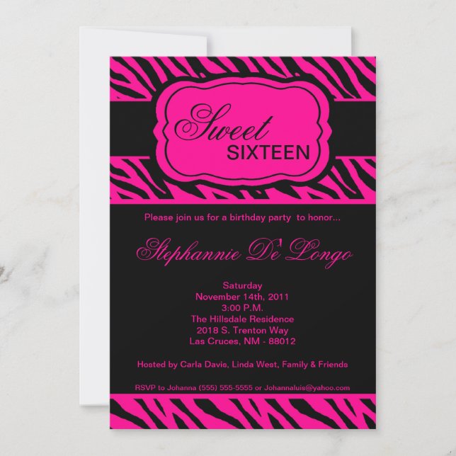 5x7 Hot Pink Zebra Imprimer Invitation à la fête d (Devant)