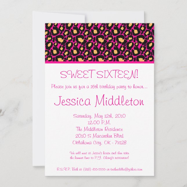 5x7 Hot rose Cheetah Invitation 16e anniversaire (Devant)