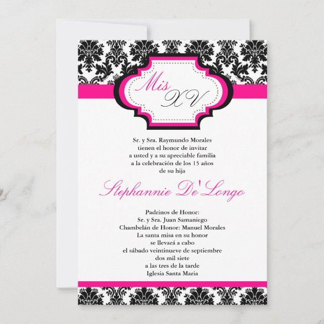 5x7 Hot rose Damask Quinceanera Invitation (Devant)