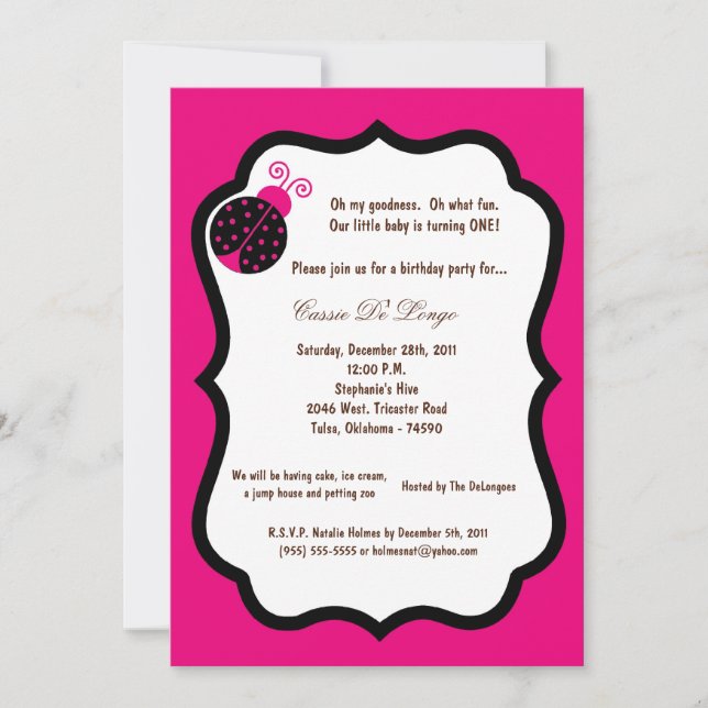 5x7 Hot rose Lady Bug Anniversaire Invitation de f (Devant)