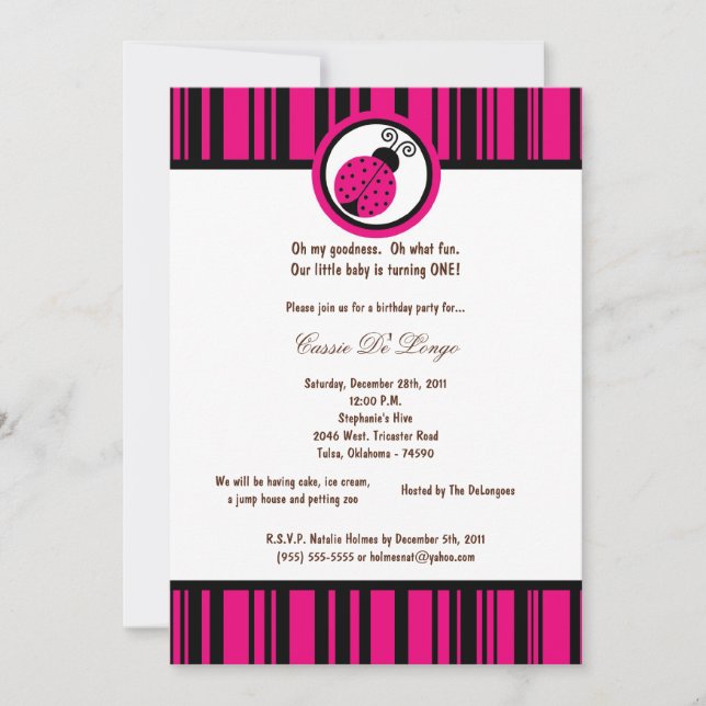 5x7 Hot rose Lady Bug Anniversaire Invitation de f (Devant)