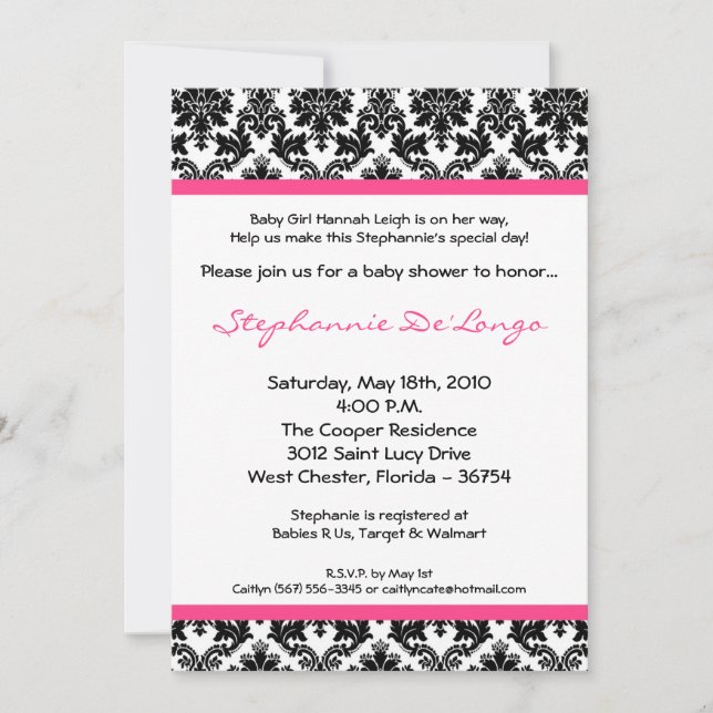 5x7 Hot rose noir Damask Baby shower Invitation (Devant)